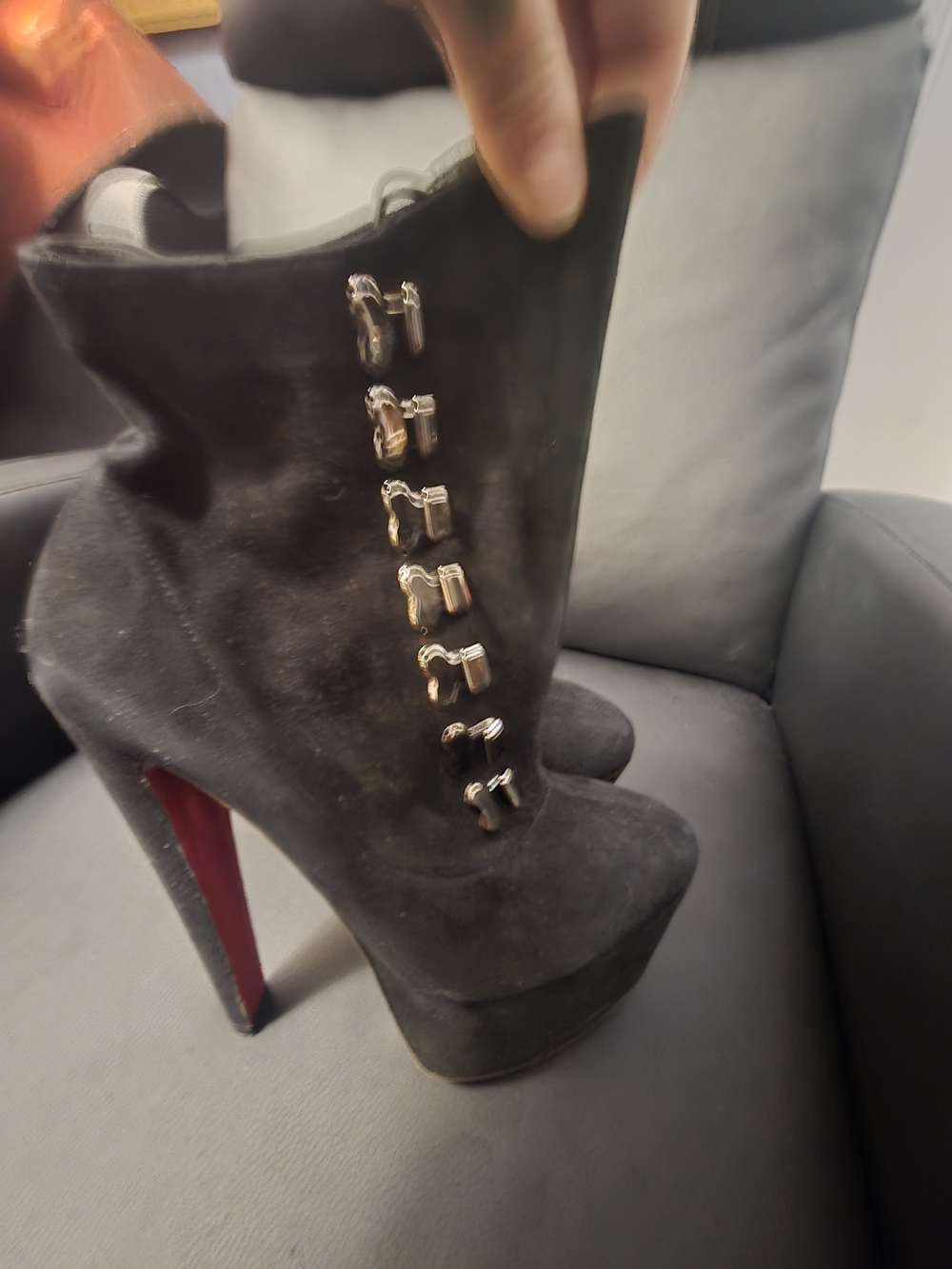 Women's Black Suede Platform Ankle Boots with Red Heel